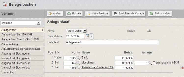 Buchen des Anlagenkauf mit Collmex