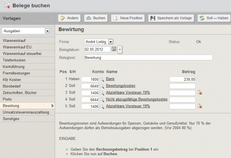 Buchen von geschäftlichen Bewirtungskosten mit Collmex