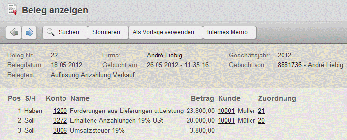 Buchen der Auflösung Anzahlung mit Collmex Buchen der Auflösung Anzahlung mit Collmex