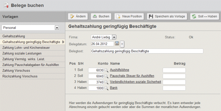 Buchen einer Gehaltszahlung geringfügig Beschäftigte mit Collmex