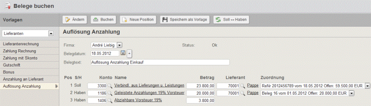 Buchen der Auflösung Anzahlung mit Collmex