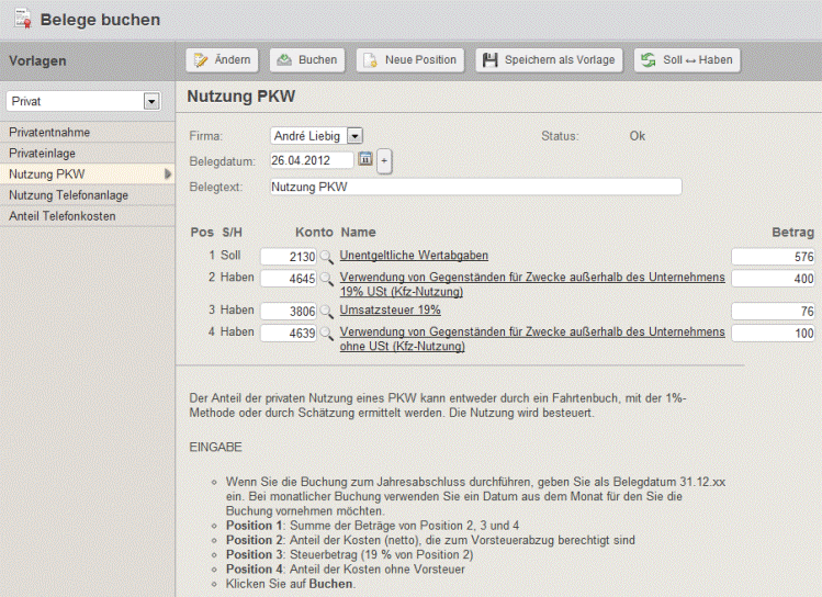 Buchen der privaten Nutzung eines PKW mit Collmex