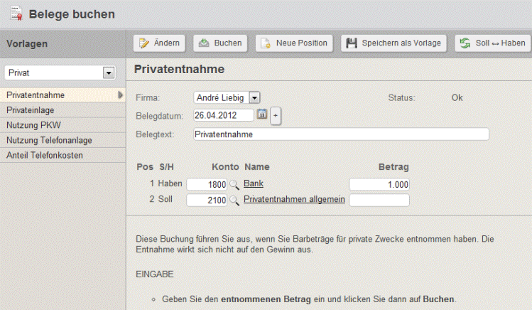 Buchen von Privatentnahmen mit Collmex Buchen von Privatentnahmen mit Collmex