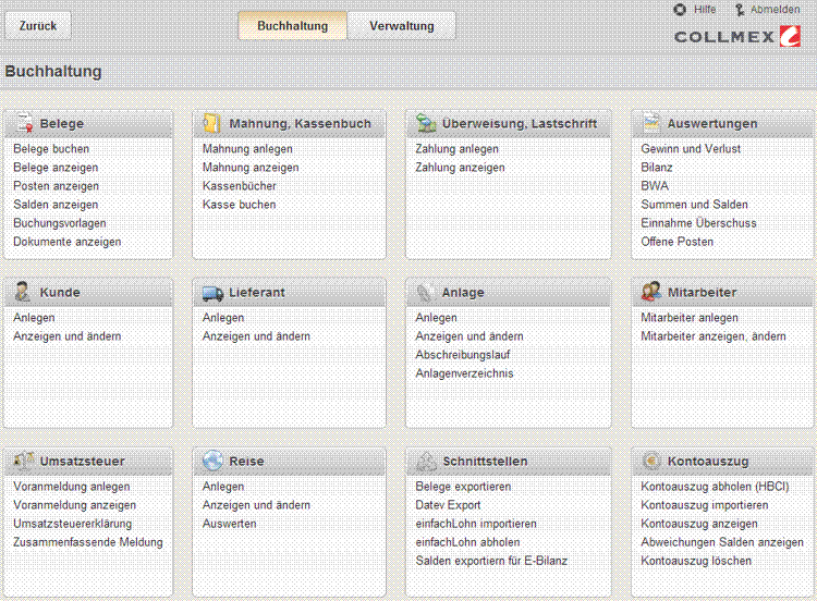 Hauptmenü Buchhaltung Collmex