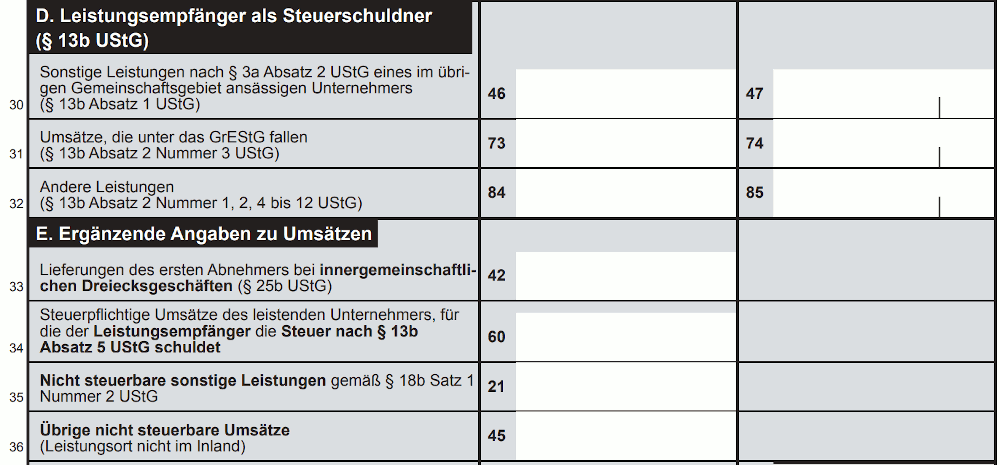 Leistungsempfänger als Steuerschuldner (§ 13b UStG) und ergänzende Angaben zu Ausgangsumsätzen